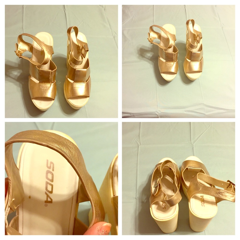 Gold platform shoes.